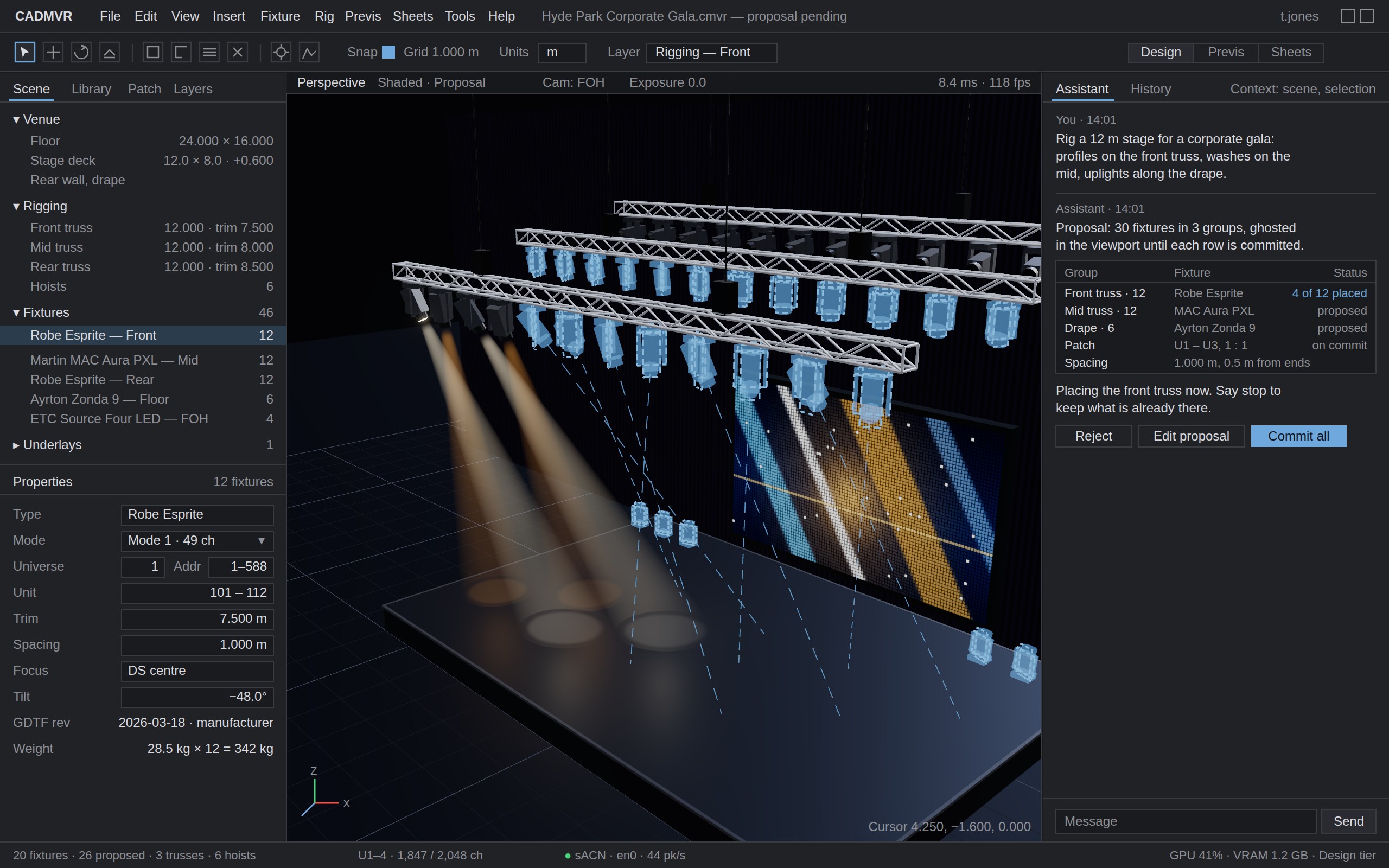 The assistant proposing a rig: twelve profiles placed along the front truss, with the operations it ran listed beside the 3D viewport